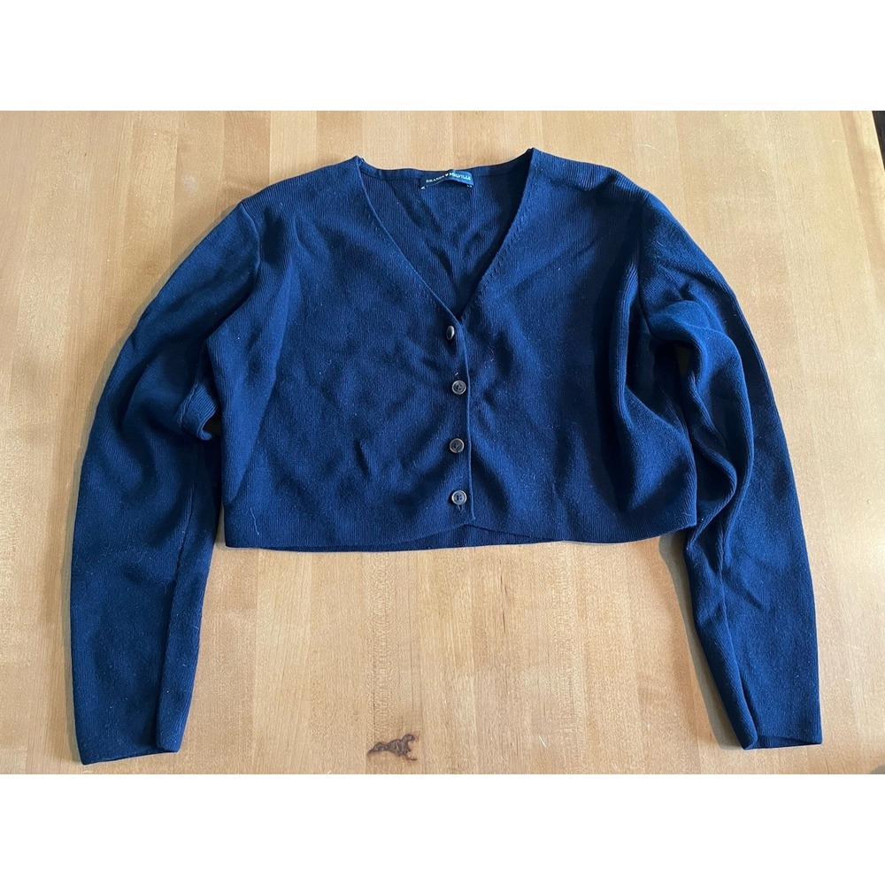 Brandy Melville Navy Cotton Knit V-Neck Button Cropped Cardigan Sweater One Size